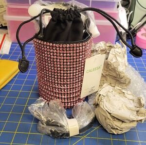 Caleesa Pink Rhinestone Bucket Drawstring Bag 6" x 4" Absolutely 40" Ext Strap